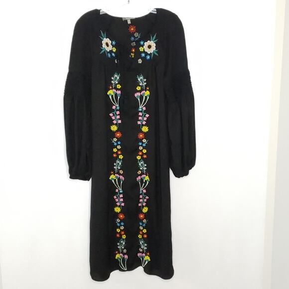 Neiman Marcus Embroidered Peasant Dress Midi Black Oversize Shift Women Small - Picture 13 of 15